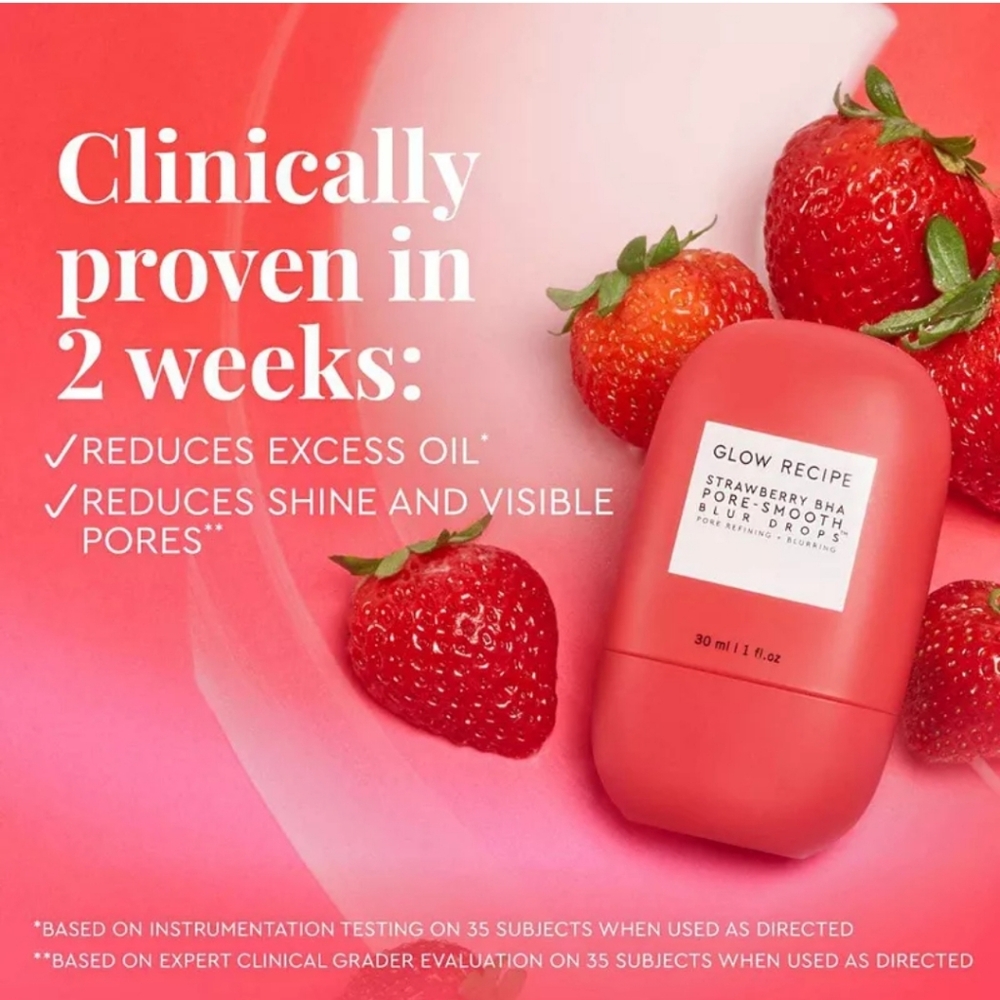 No longer avail Glow Recipe Strawberry BHA Pore-Smooth Blur Drops Serum 1 fl oz - Picture 4 of 16